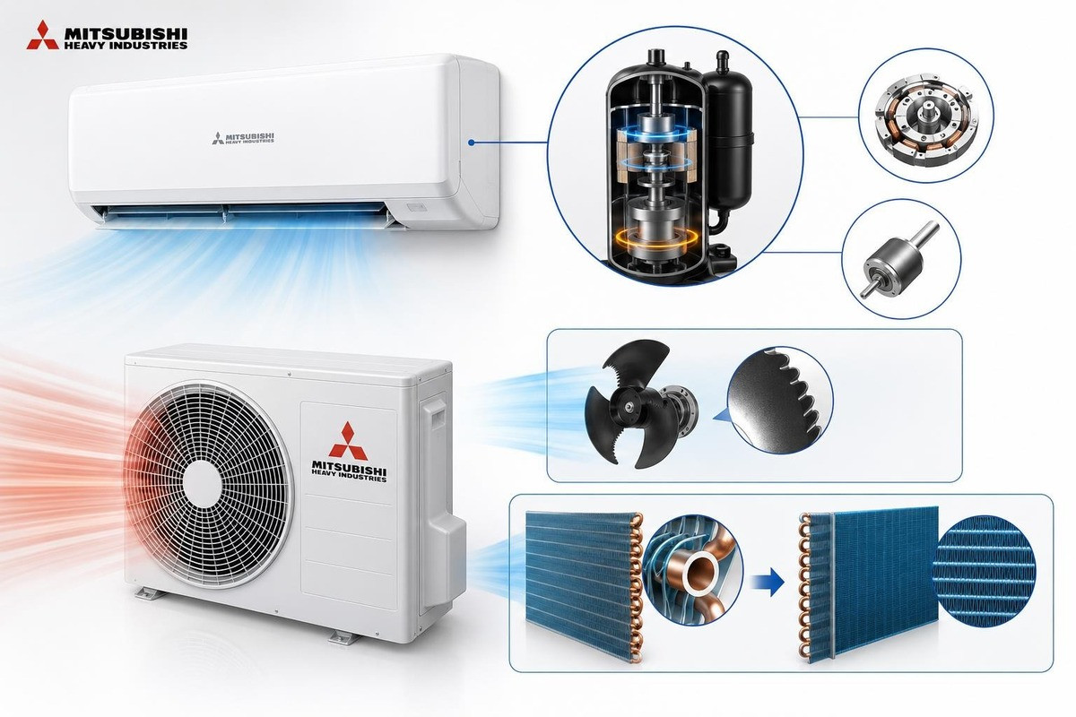 C&ocirc;ng nghệ m&aacute;y n&eacute;n DC Rotor k&eacute;p hiệu suất cao tr&ecirc;n c&aacute;c d&ograve;ng điều h&ograve;a của Mitsubishi Heavy Industries